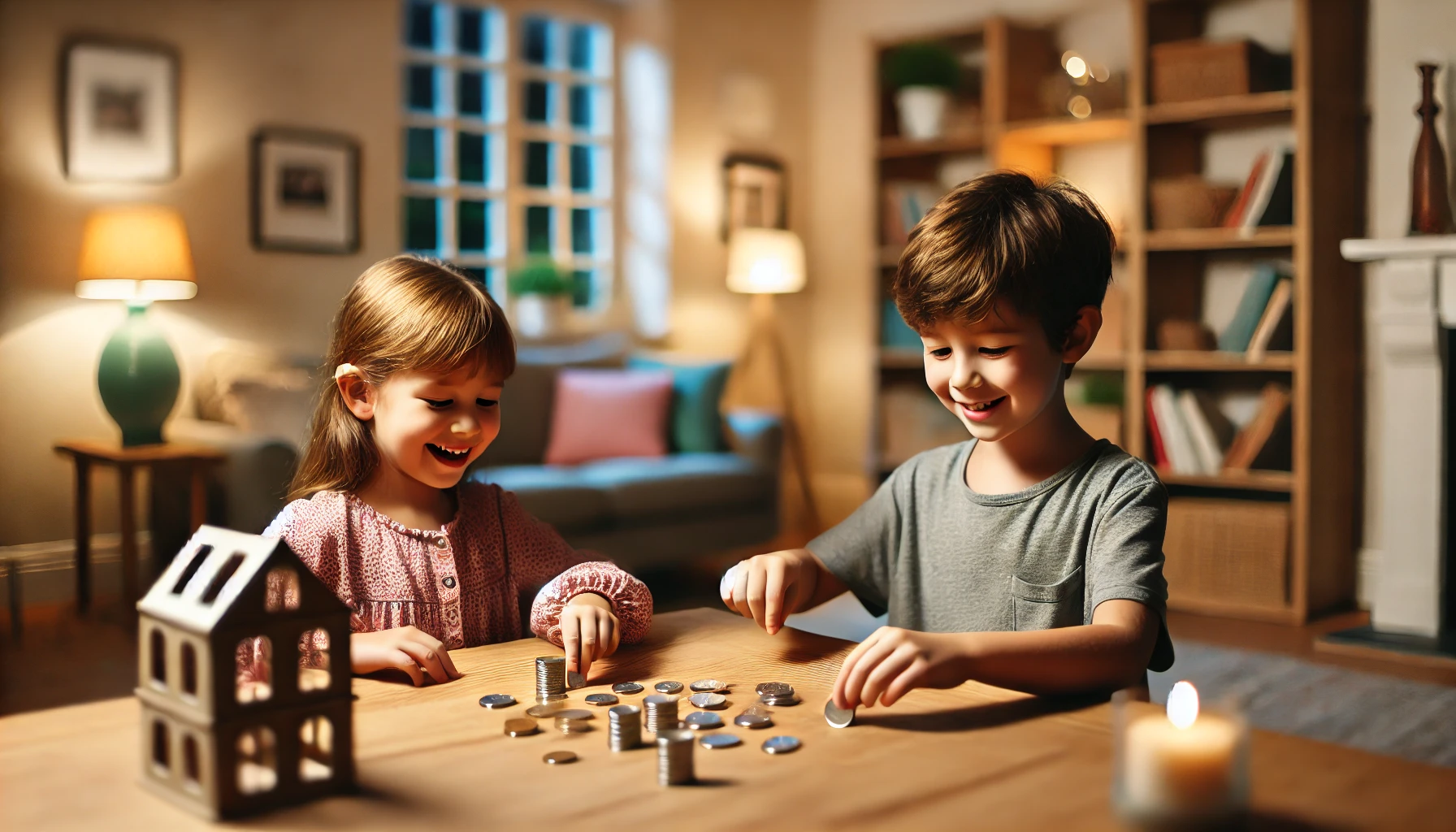 Two joyful children count their saved coins after successfully following their parents' financial lessons.