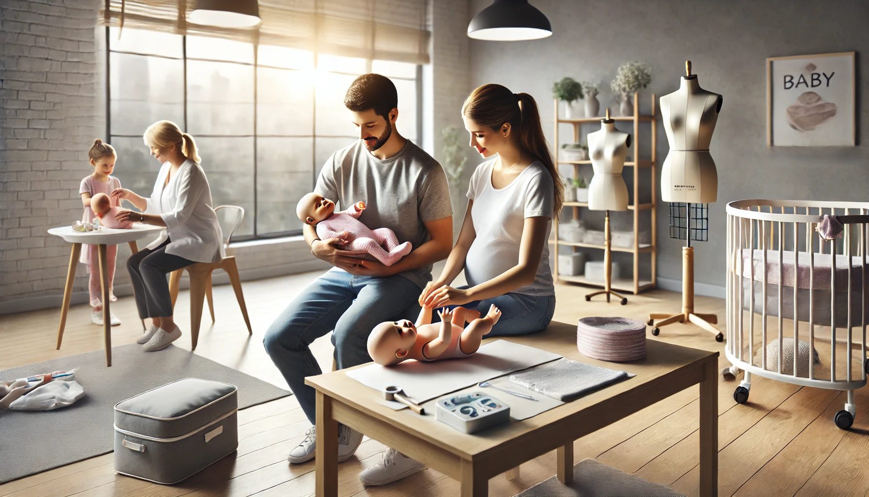 a serene and well-lit studio setting where expectant parents are participating in a hands-on parenting class.