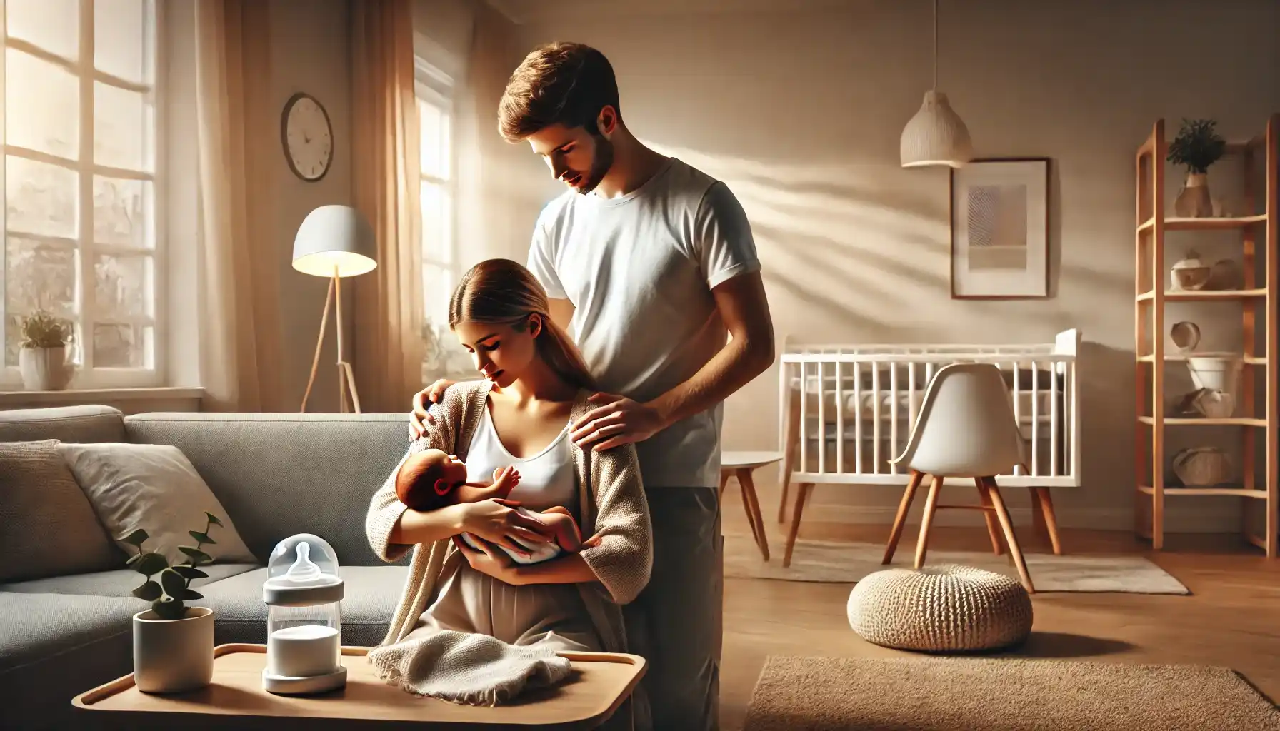 a young couple in a cozy living room, tenderly holding their newborn baby.