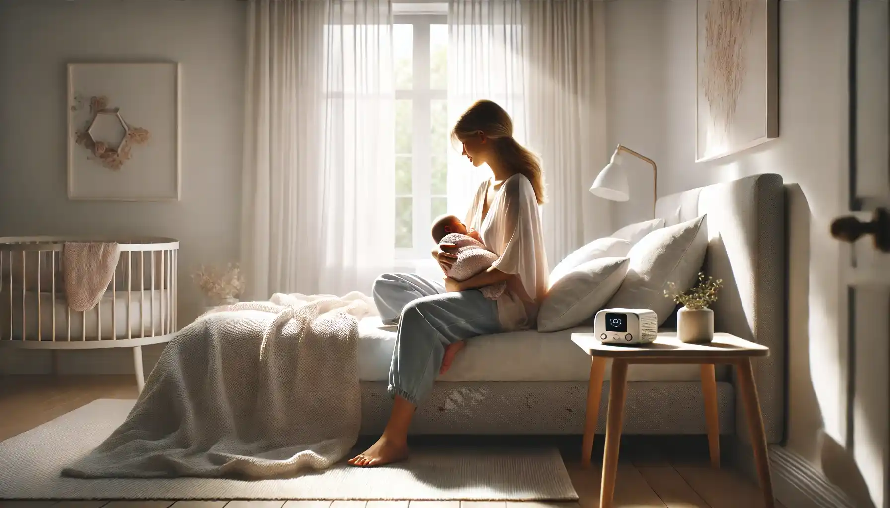 a serene bedroom scene with a mother seated on a bed, gently cradling her newborn baby.