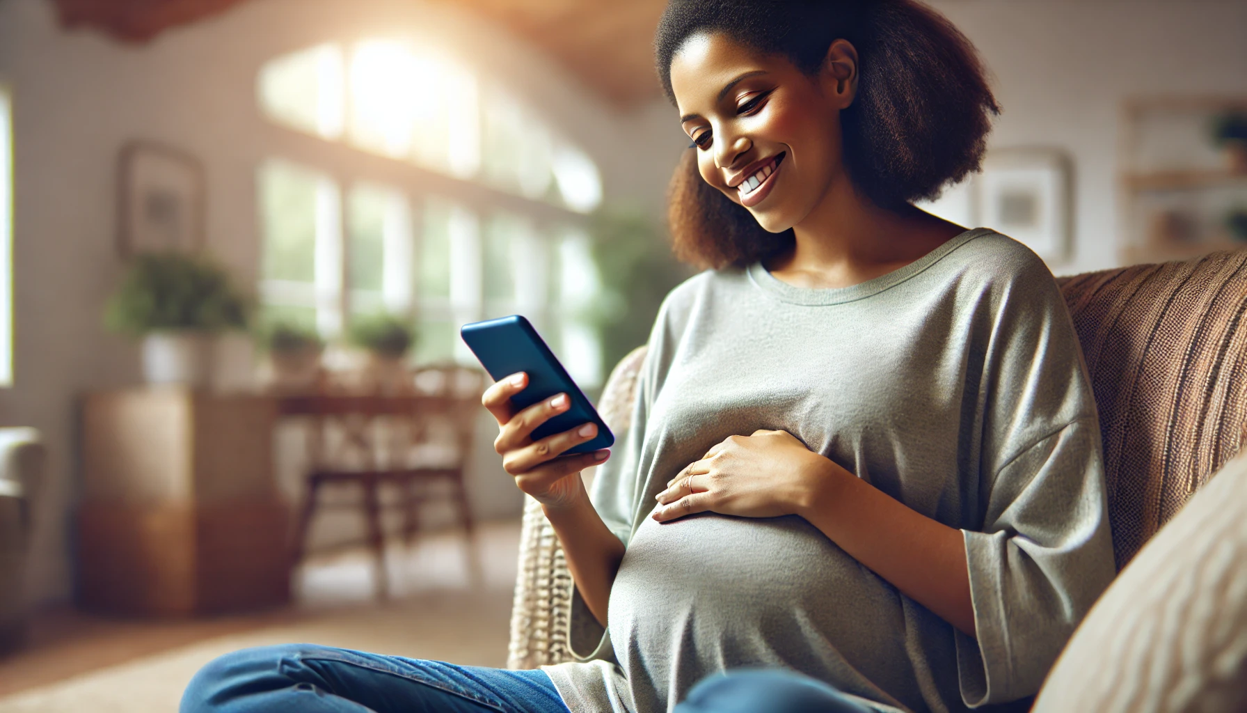 a smiling pregnant African American woman using her phone. She is casually dressed. The background shows a cozy indoor setting with natural lighting.