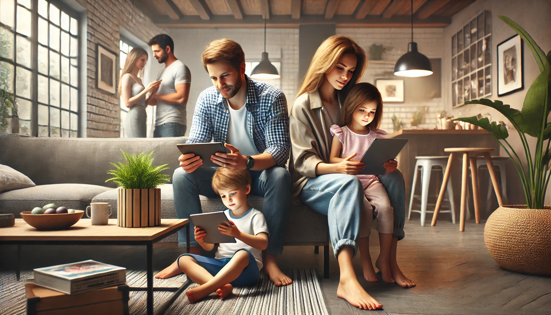 Una escena familiar moderna donde la crianza tradicional e innovadora se combinan a la perfección, mostrando a una familia involucrada en actividades digitales y de juegos de mesa en una acogedora sala de estar