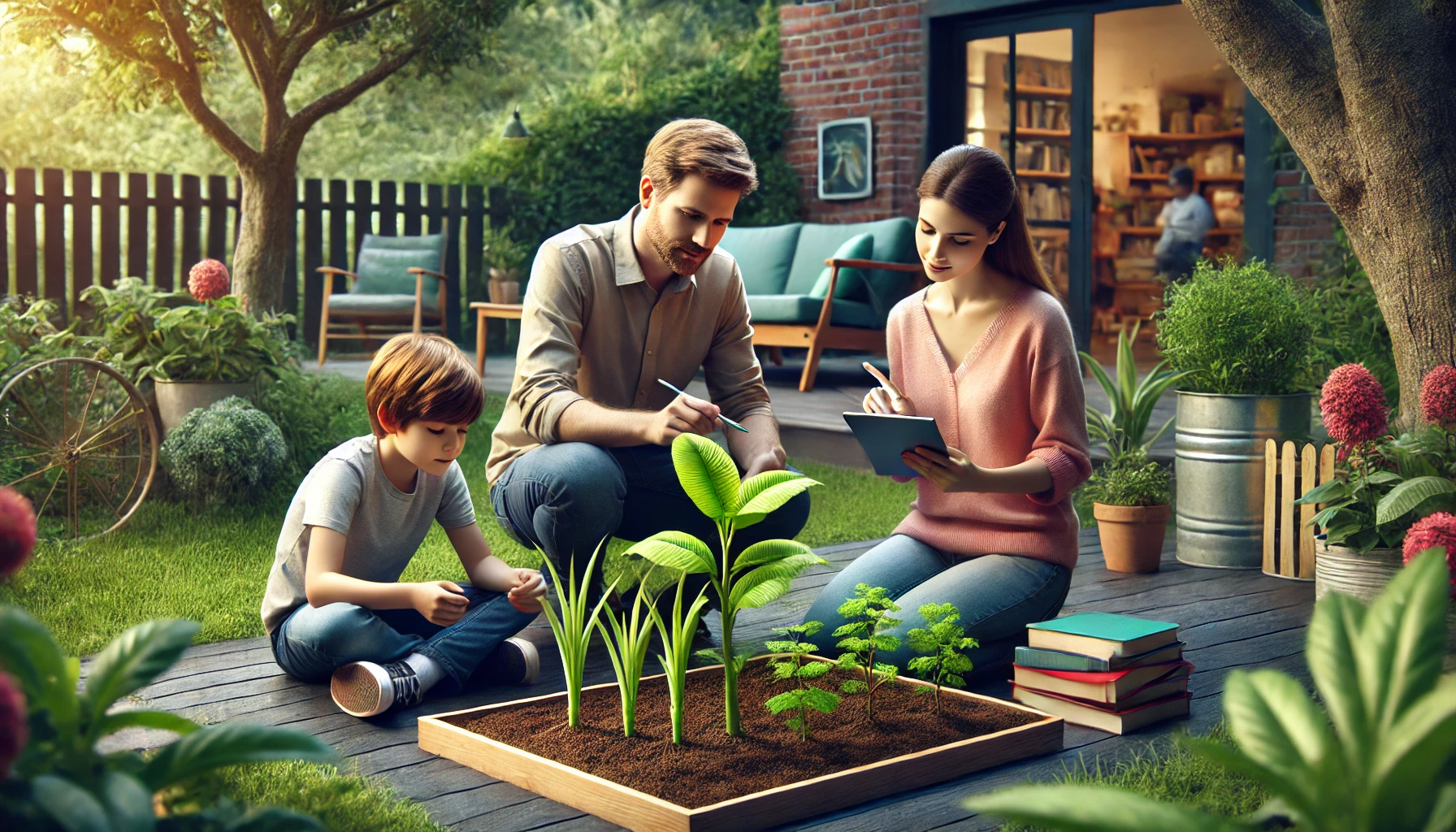 Una familia moderna participa en una actividad educativa en un jardín al aire libre, combinando elementos tradicionales e innovadores, donde un padre enseña a sus hijos sobre biología vegetal utilizando un libro y una tableta digital.
