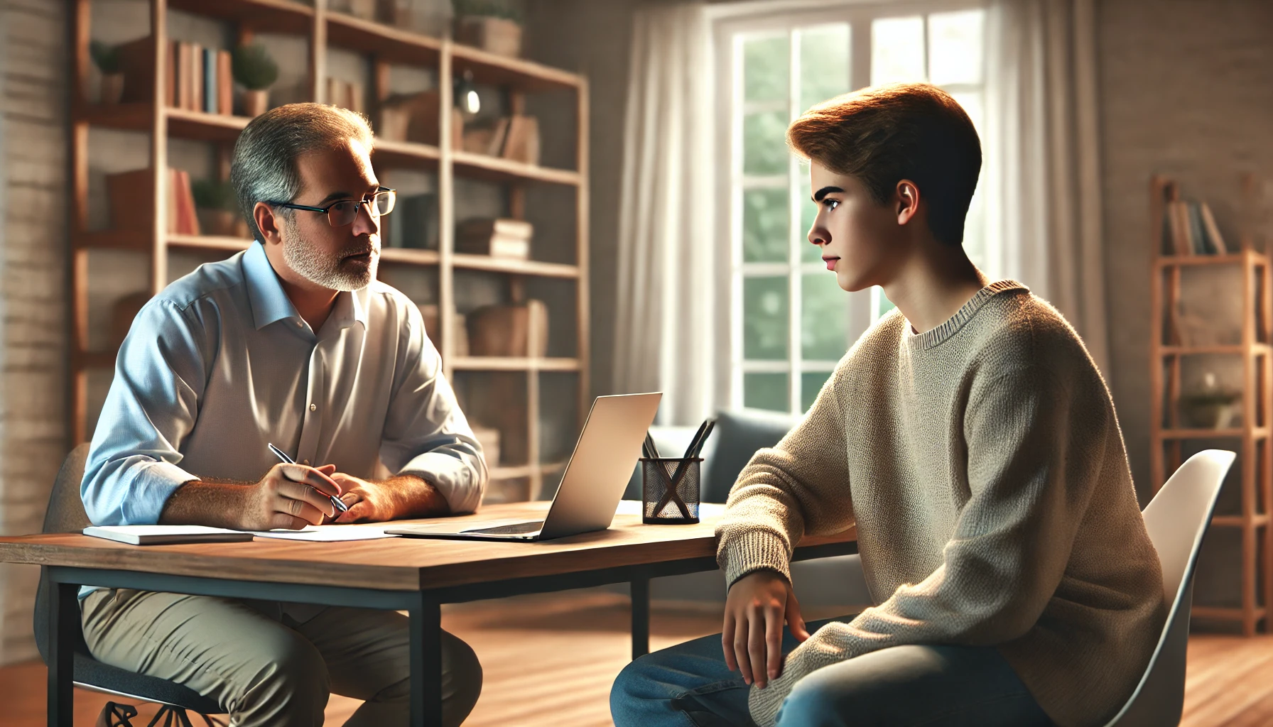 una escena familiar en la que un adolescente y sus padres entablan una conversación profunda en una moderna oficina en casa.