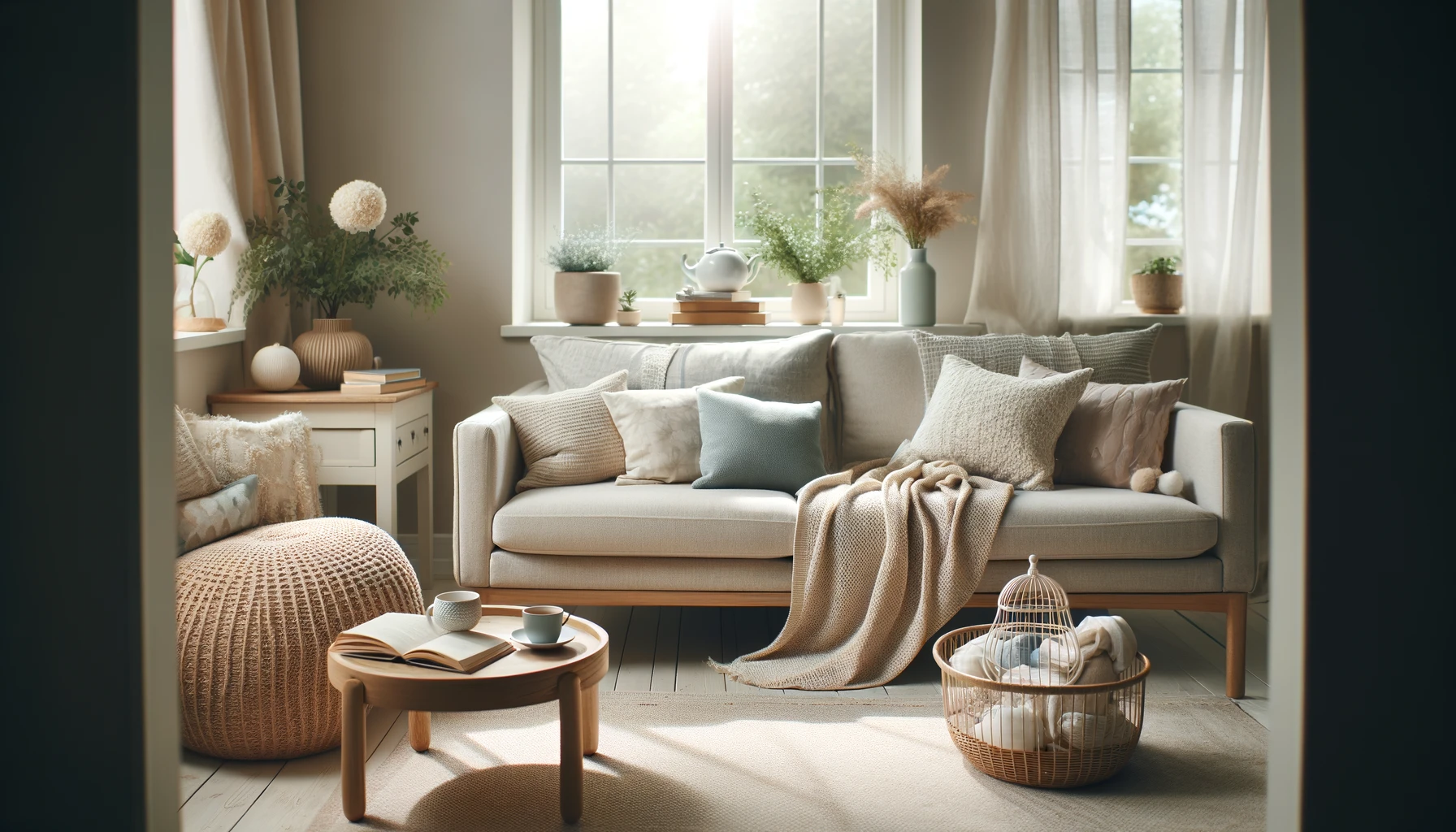 A calm and inviting living room set up for postpartum relaxation.