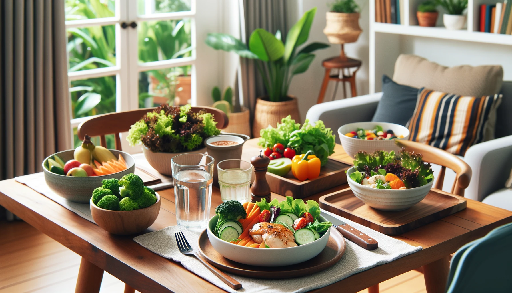 Una acogedora mesa de comedor puesta para una comida saludable.