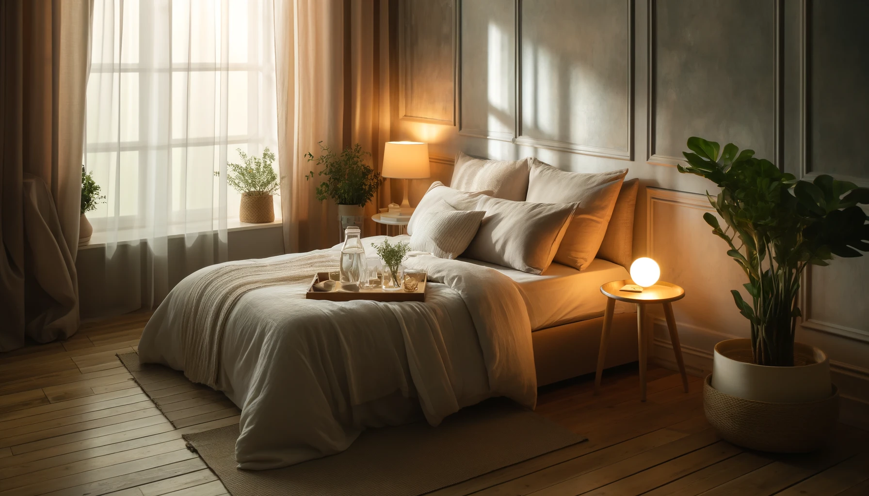 Una configuración de dormitorio serena para relajarse y dormir durante el embarazo.