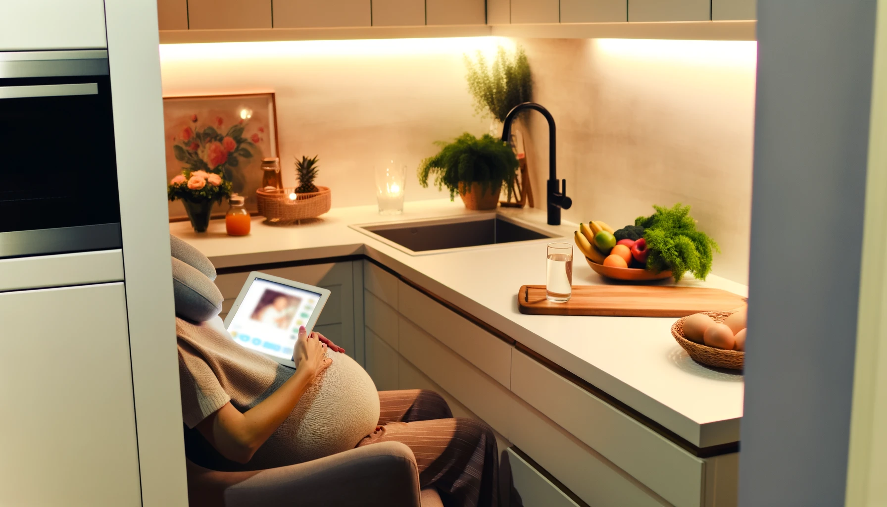 A serene kitchen setting designed for a pregnant woman's comfort.
