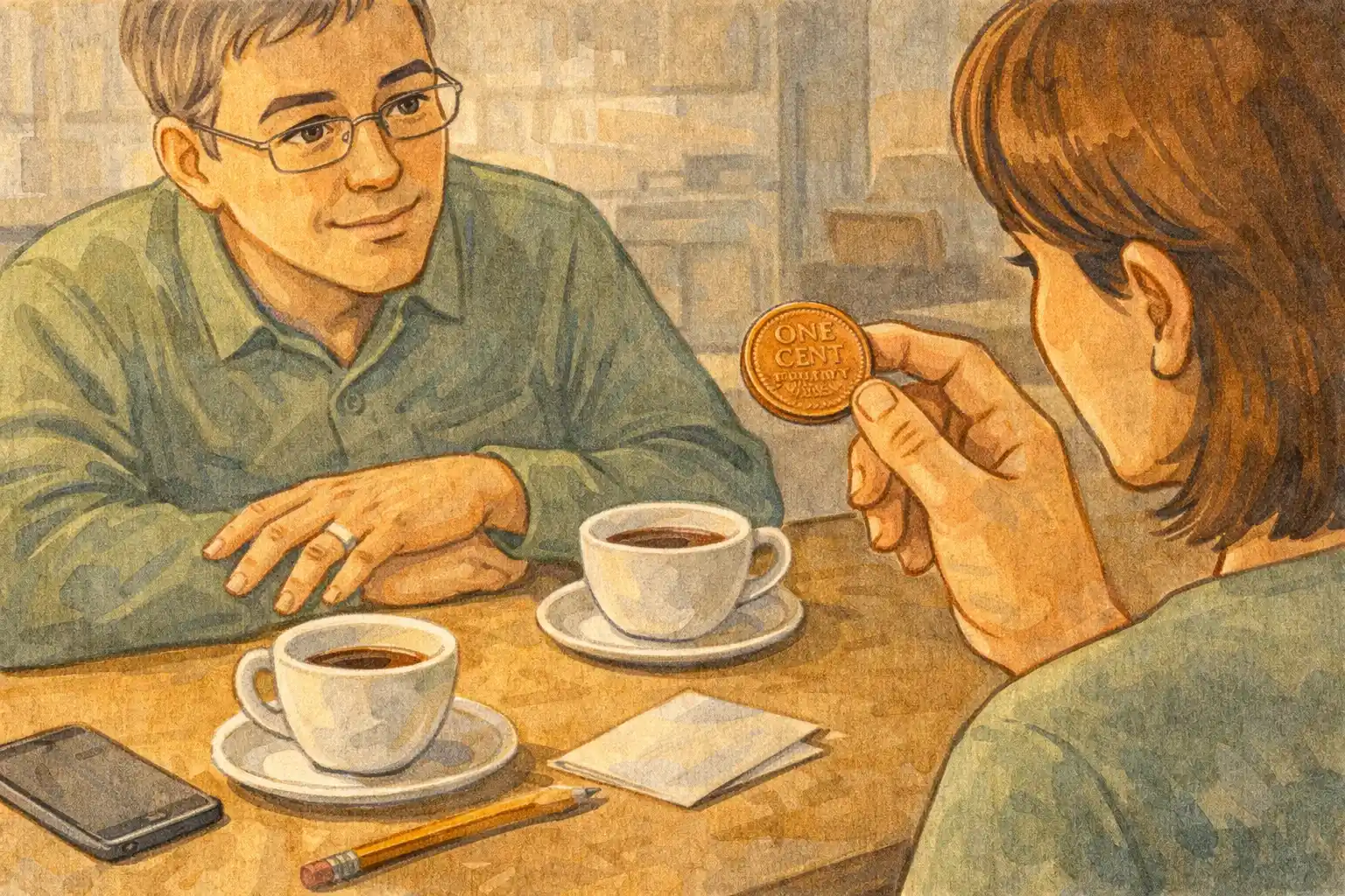 Two friends discuss a Lincoln wheat penny while drinking coffee.