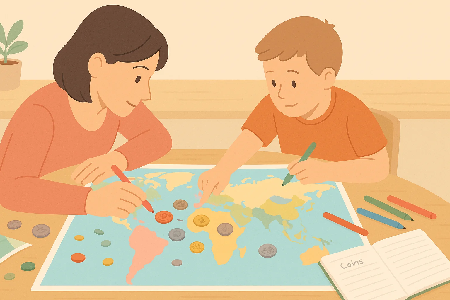 A mother and her son learn coins from different countries together.