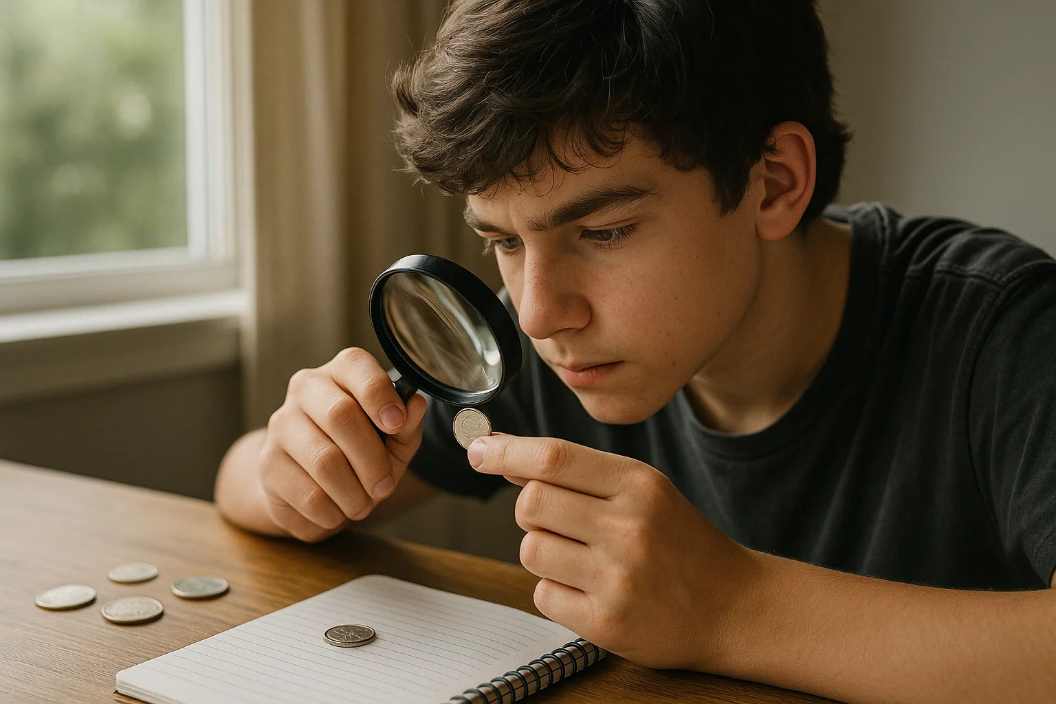 A curious teenager examines a 2023 quarter through a magnifying glass, with other coins and notes nearby.