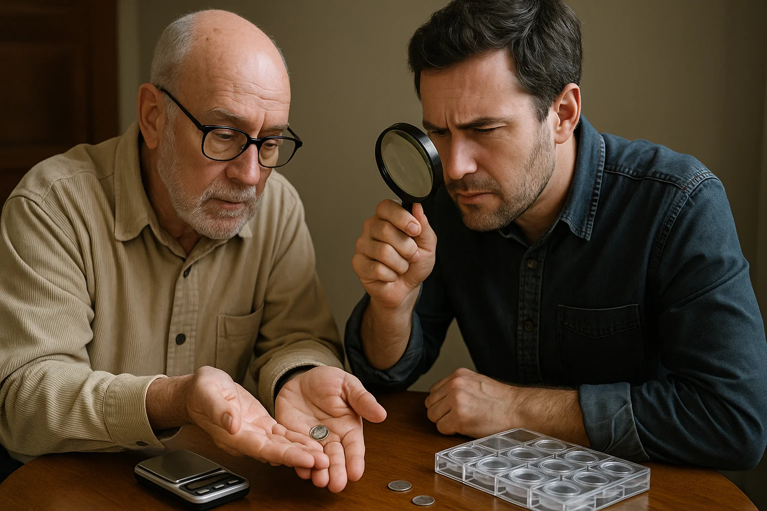 Two collectors sit at a table as one presents a coin in his hand while the other inspects it closely with a magnifying glass.